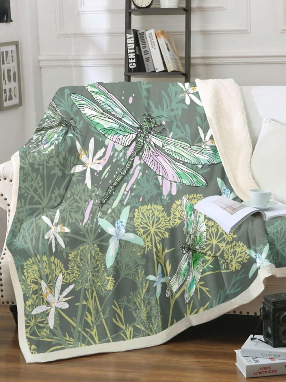 Dragonfly Sherpa Blanket Queen 90x90 Inches Botanical Floral Fleece Throw Blanke